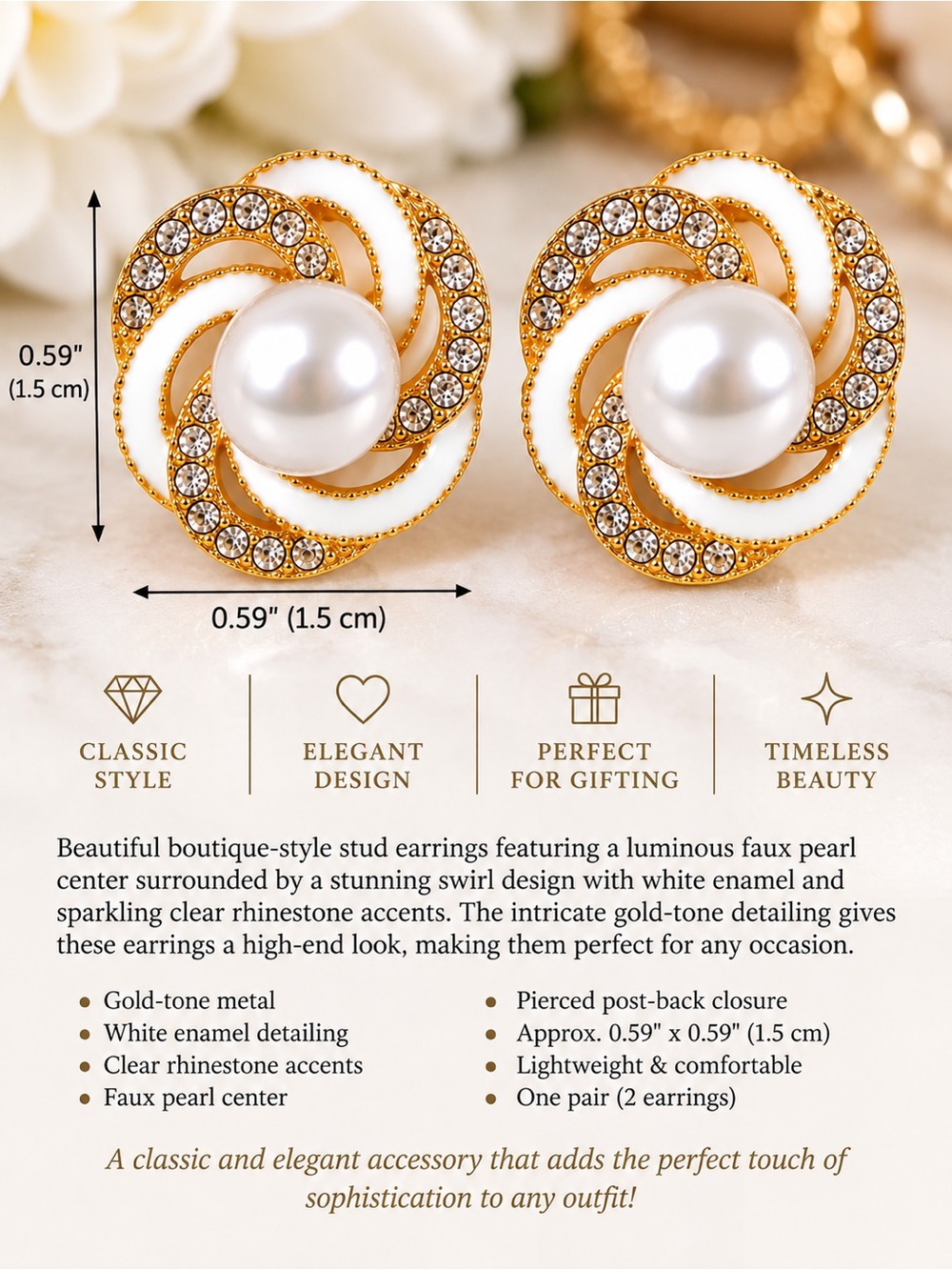 Boutique Pearl Rhinestone Gold Tone Swirl Stud Earrings White Enamel - Picture 3 of 7
